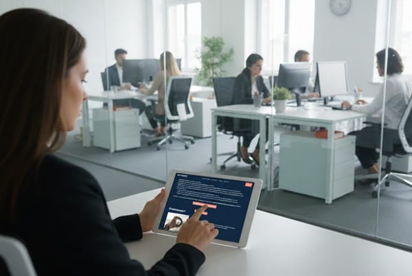 Dirigeante assise à son bureau vue sur l'open space est en train de cliquer sur sa tablette pour valider l'accompagner de MOOVENCE en bilan de compétences 100% dirigeante