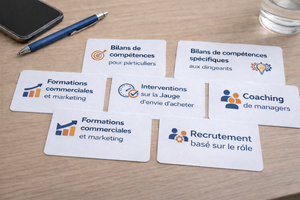 6 cartes posées sur un bureau reprenant l'offre de MOOVENCE : bilans de compétences, formation, recrutement, coaching,
