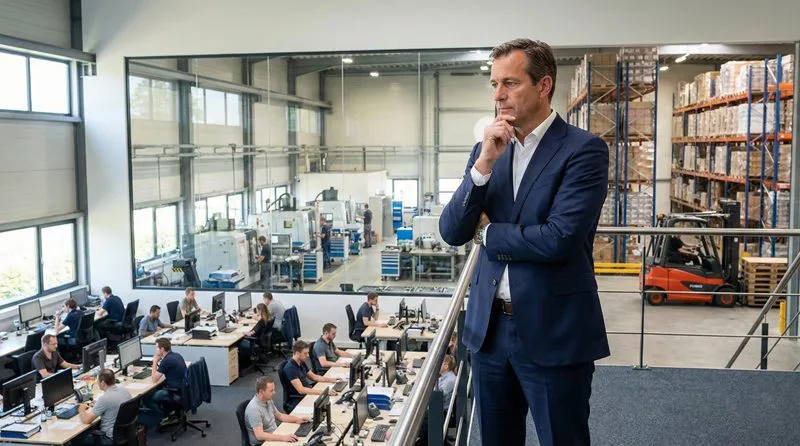Dirigeant observant son entreprise et réfléchissant à son avenir professionnel dans le cadre d’un bilan de compétences