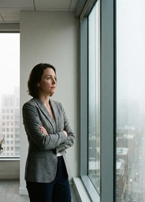 Femme en tenue de travail corporate regardant par la fenêtre de son bureau, un extérieur brumeux et se posant des questions sur son avenir pour décider de faire un bilan de compétences avec MOOVENCE.