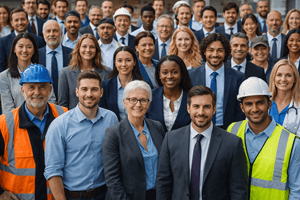 Un grand nombre d'hommes et de femmes de toute ethnie et d'âge regardant vers nous pour montrer le public que MOOVENCE accompagne en bilan de compétences.