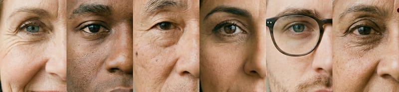 6 visages d'hommes et de femmes côte à côte pour montrer la pluralité du public de MOOVENCE pour les bilans de compétences CPF